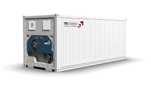 En hvit ISO-tankcontainer med kjøleaggregat og TRC Nordic-logo på siden, mot en svart bakgrunn.