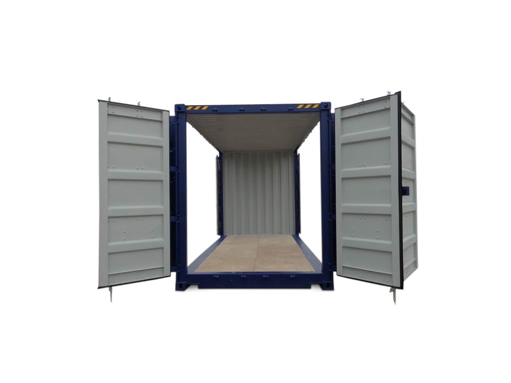 En blå container med begge dørene åpne, som viser et tomt interiør mot en hvit bakgrunn.