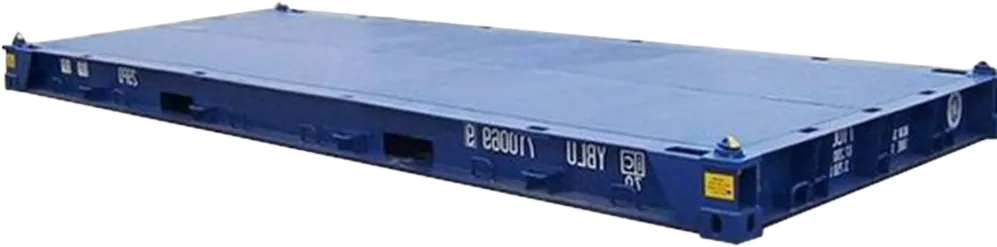 En blå flatstativcontainer uten side- eller endevegger, med ulike markeringer og hjørnebeslag for transport.