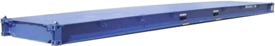 En blå flatstativcontainer uten sidevegger eller tak, konstruert for transport av overdimensjonert eller tung last.