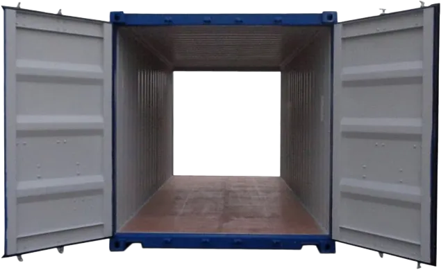 En tom container med begge dørene på vidt gap, som avslører det rene, romslige interiøret og metallveggene.