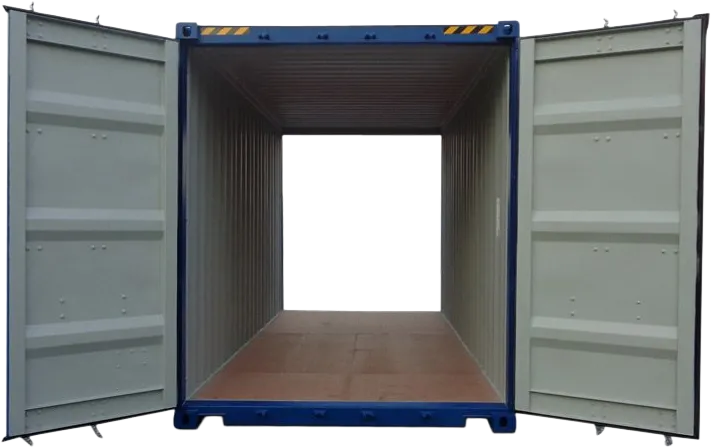 Åpen, tom container med begge dørene på vidt gap, som viser den innvendige strukturen og tregulvet, sett forfra.