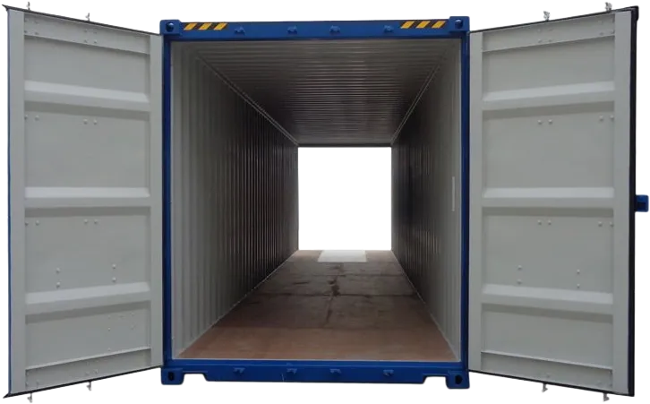 Åpen, tom container med dørene på vidt gap, sett forfra, som viser det innvendige rommet og den rektangulære utgangen i den andre enden.