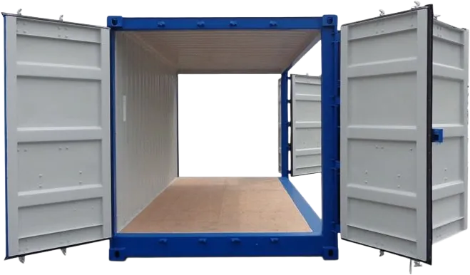 En metallcontainer med begge endedørene åpne, som viser et tomt interiør og et gulv av kryssfiner.