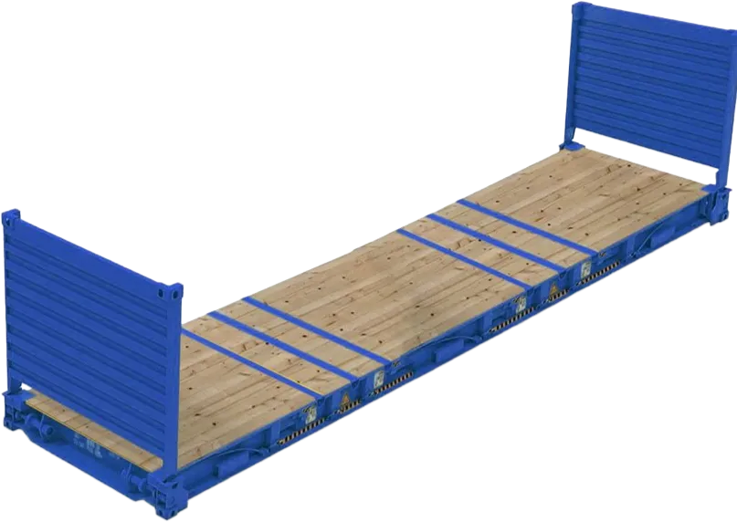 En jernbanevogn med flatt lasteplan av tre og blå metallender, konstruert for transport av stor eller tung last.