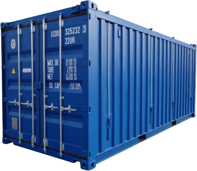 En blå fraktcontainer med metalldører og hvit tekst med vektspesifikasjoner på siden.