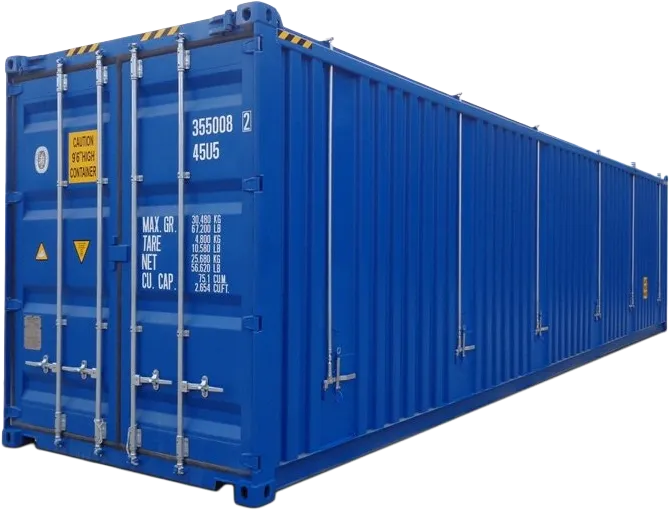 En stor, blå fraktcontainer med hvite tall og advarselsskilt, med metalldører og flere låsemekanismer.