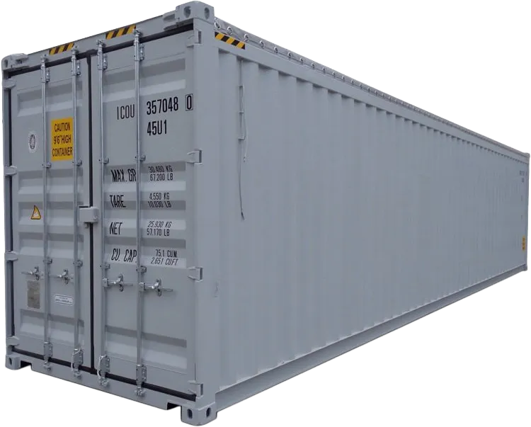 Stor, grå fraktcontainer med sikre, doble dører, advarsels- og identifikasjonsetiketter, sett fra venstre forfra.