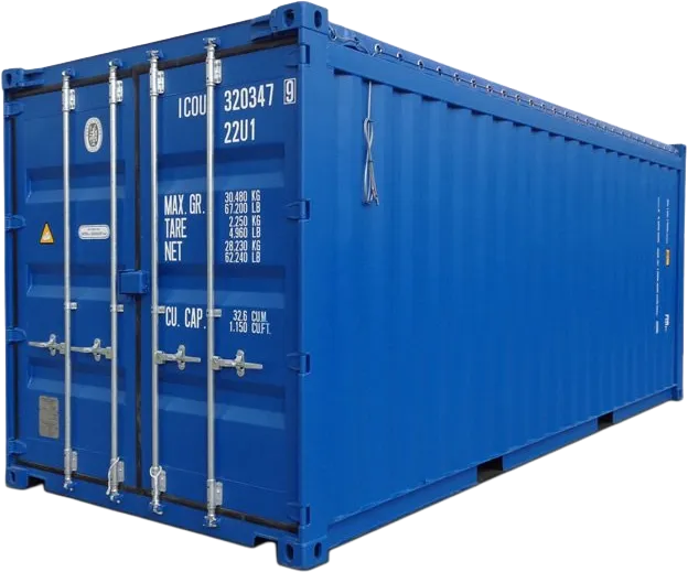 En stor, blå fraktcontainer med metalldører, merking og spesifikasjoner trykt med hvit tekst på siden.