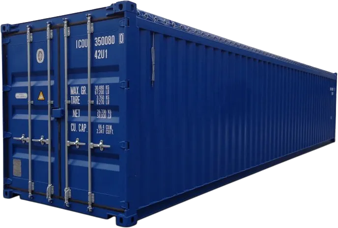 En stor blå fraktcontainer med hvite markeringer og lukkede dobbeltdører, sett fra forsiden.