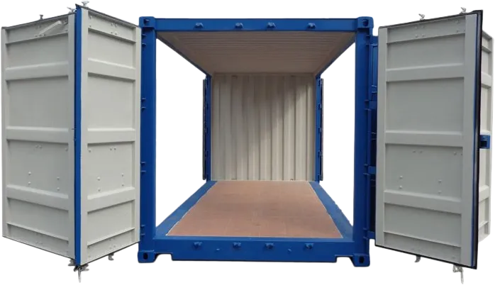 En blå og grå metallcontainer med begge endene åpne, som viser et tomt interiør og tregulv.