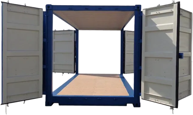 En blå container med doble dører som er åpne i begge ender, avslører et tomt interiør og fri sikt fra front til bakside.