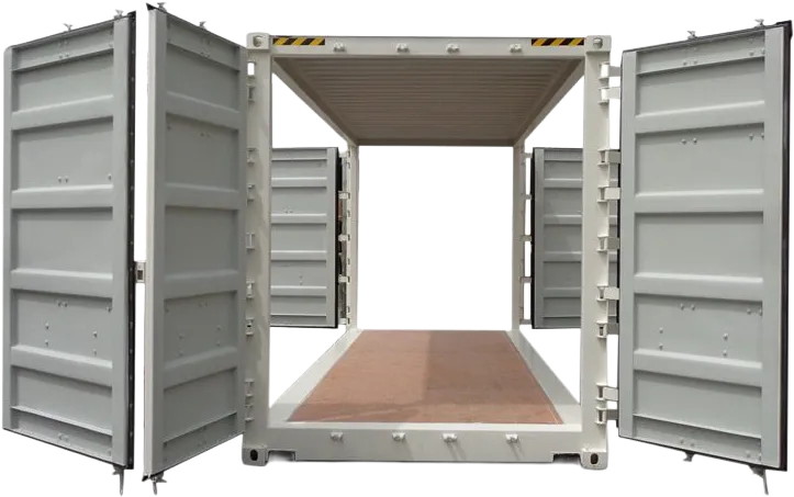 En container med begge endene og begge sidepanelene åpne, noe som avslører et tomt interiør og et tregulv.