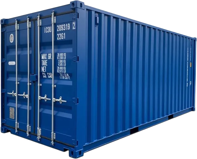 En stor, blå fraktcontainer med dørlåser av metall og hvite identifikasjonsmerker, avbildet på en ensfarget bakgrunn.