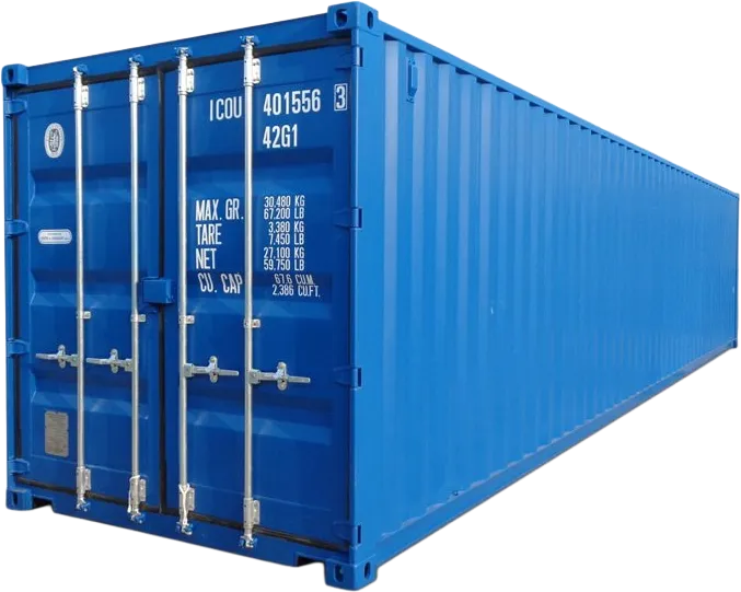 Blå fraktcontainer med lukkede dobbeltdører, låsestenger i metall og hvite spesifikasjoner trykt på fronten.