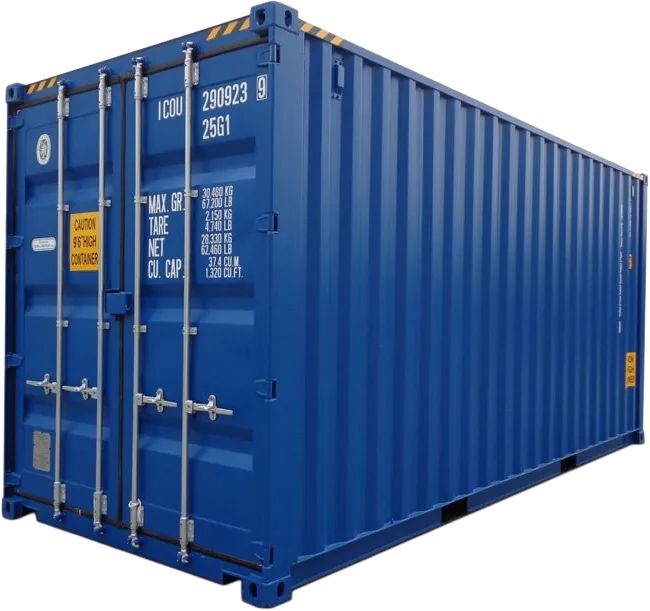 En blå fraktcontainer med metallstenger og advarselsmerking, sett fra en vinkel som viser fronten og siden.