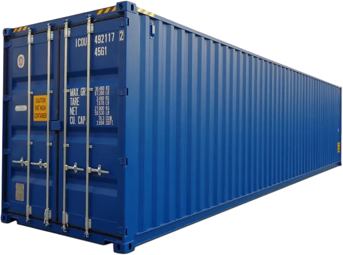 En stor, blå fraktcontainer med lukkede metalldører, advarselsetiketter og hvite identifikasjonsnumre malt på siden.