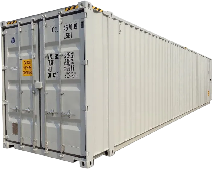 En stor, hvit fraktcontainer med lukkede dobbeltdører, med informasjon om vekt og kapasitet og et skilt med teksten "Caution 9'6 High Container".