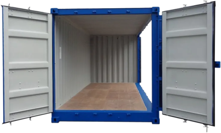 En blå metallcontainer med begge dørene åpne, som viser et tomt interiør med tregulv og bølgepappvegger.