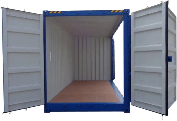 En blå container med begge dørene vidåpne, som avslører et tomt interiør med tregulv og vegger av bølgeblikk.