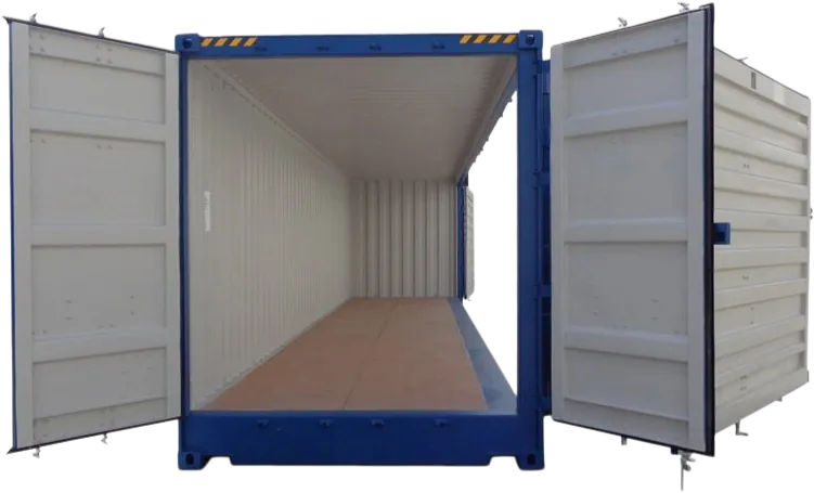 En blå og hvit container med begge endedørene åpne, som avslører et tomt interiør med tregulv.