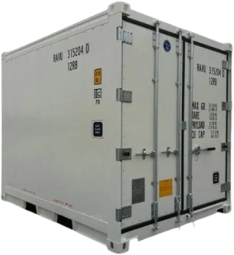 En hvit, isolert kjølecontainer med lukkede dører, identifikasjonsnumre, advarselsmerker og solide låsemekanismer i metall.