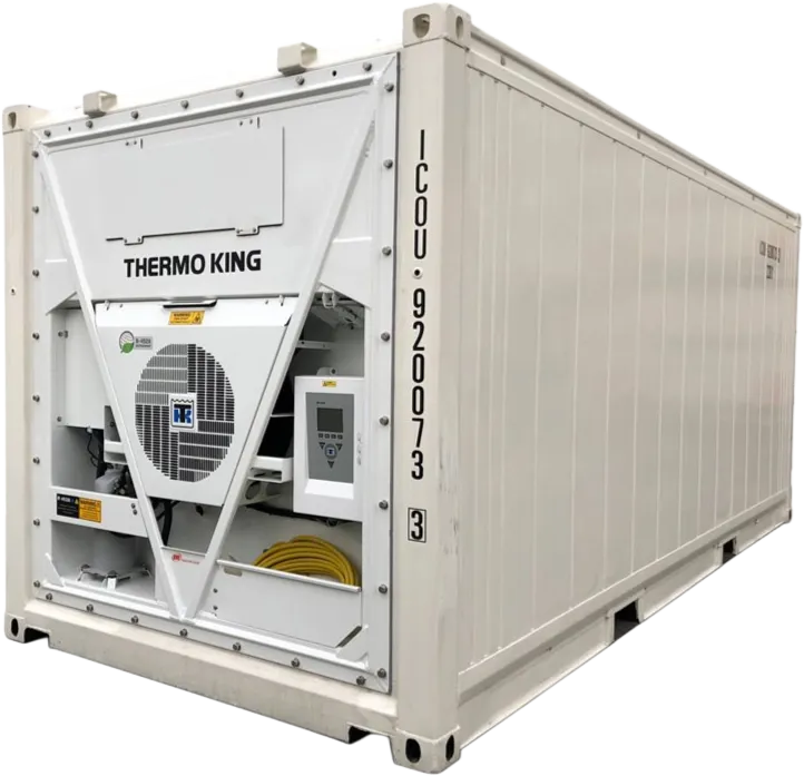 Hvit isolert kjølecontainer med "Thermo King"-merkevare, kontrollpanel og ventilasjonsenhet synlig på fronten.