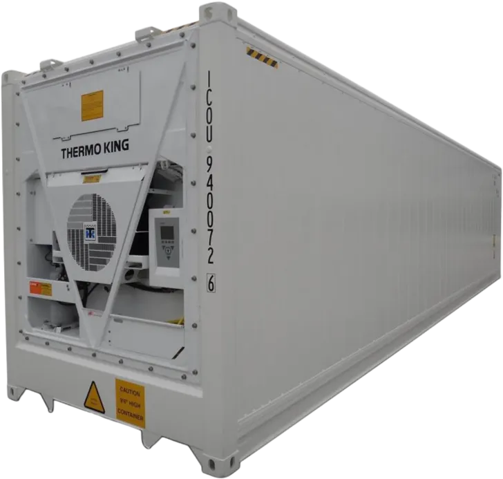 En hvit, isolert kjølecontainer med en synlig kjøleenhet merket "Thermo King" i den ene enden, og identifikasjonsnumre på siden.