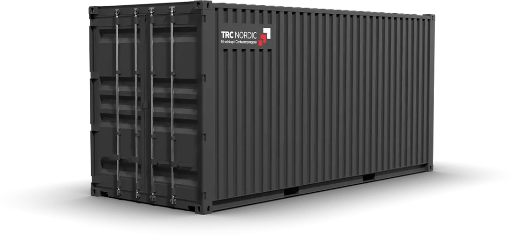 En svart container med metalldører og TRC Nordic-logo på forsiden, som fremhever containerproduksjon av høy kvalitet, isolert på en svart bakgrunn.