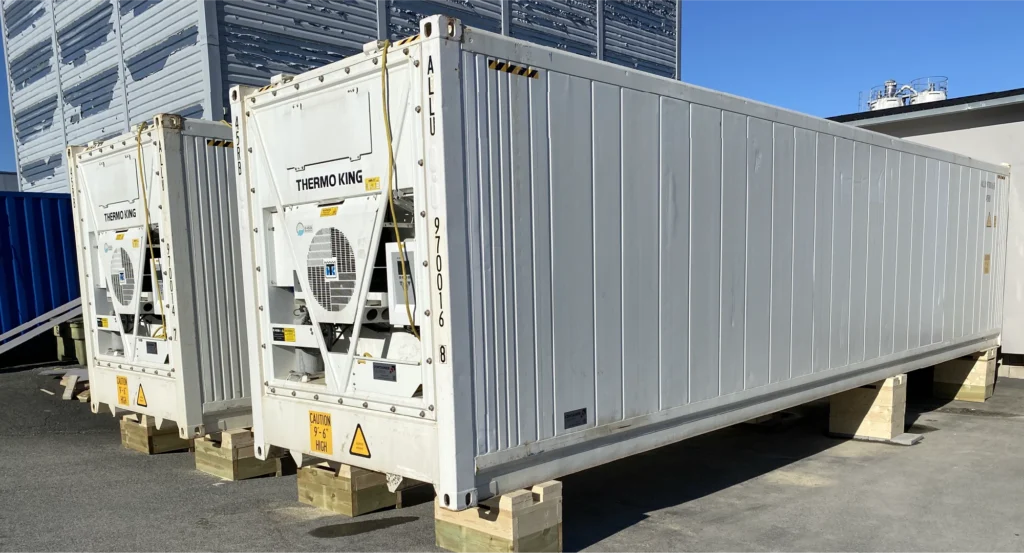 To store, hvite kjølecontainere, merket "Thermo King", fungerer som et midlertidig fryselager, hevet opp på treklosser utendørs på en solrik dag.